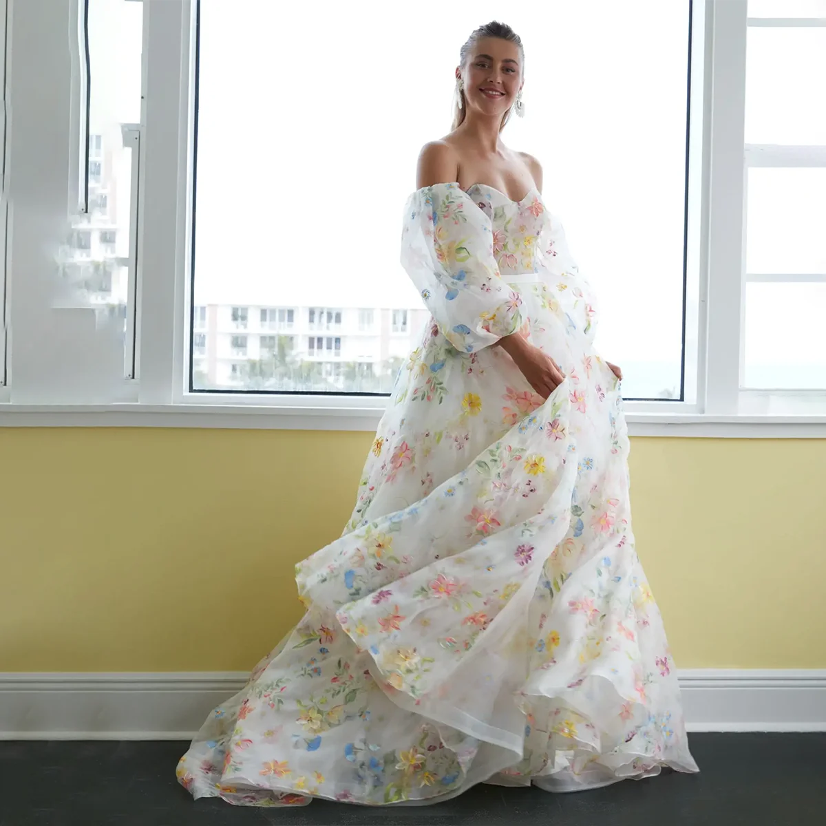 Vestido de novia de manga larga abullonada, estampado Floral botánico, línea A, botones de talla grande, Organza, vestido de novia ligero