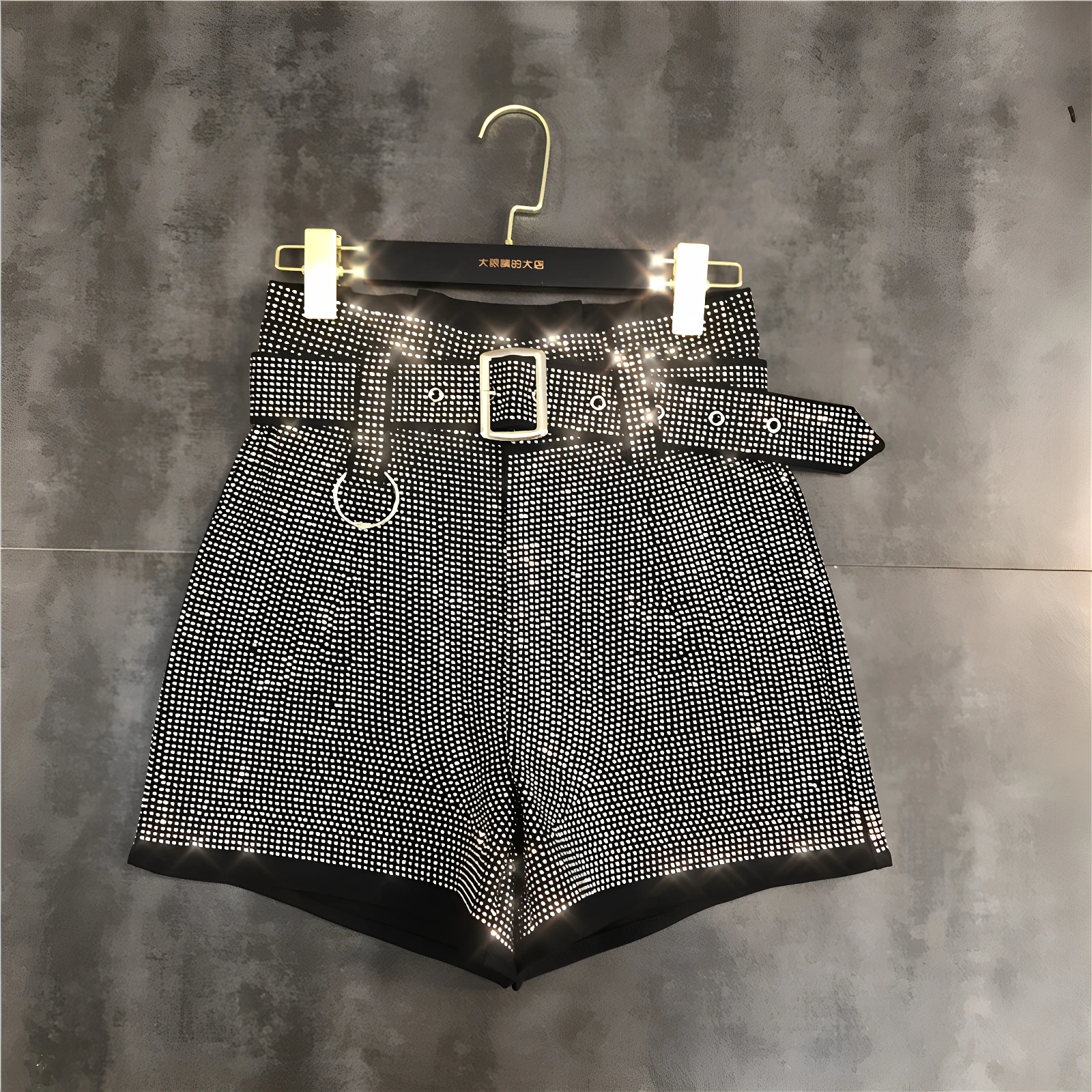 Fashionable Sparkling Water Diamond Belted Short Pants Three-quarter Length Women's Casual Trousers Heavy Embellishment