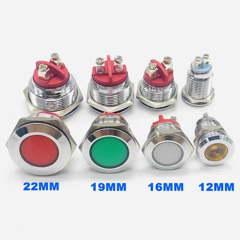 防水金属インジケータースクリュー,LED信号ライト,3v,5v,12v,24v,110v,220v,赤,黄,青,緑/白,ip67