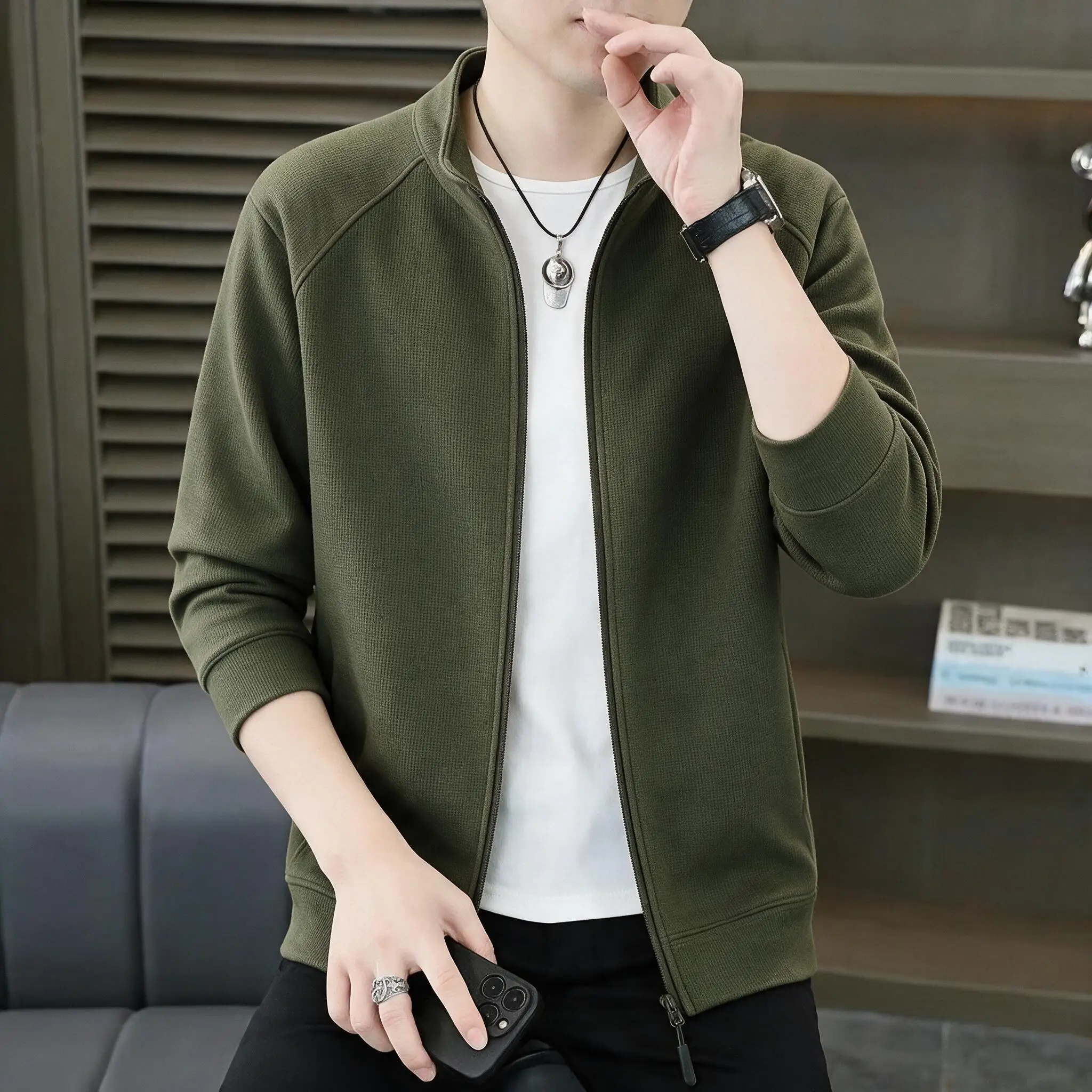 High-Quality Fashionable Men's Autumn Winter Thickened Wool Zipper Open Cardigan Casual Jacket Stylish Stand Collar All-Match