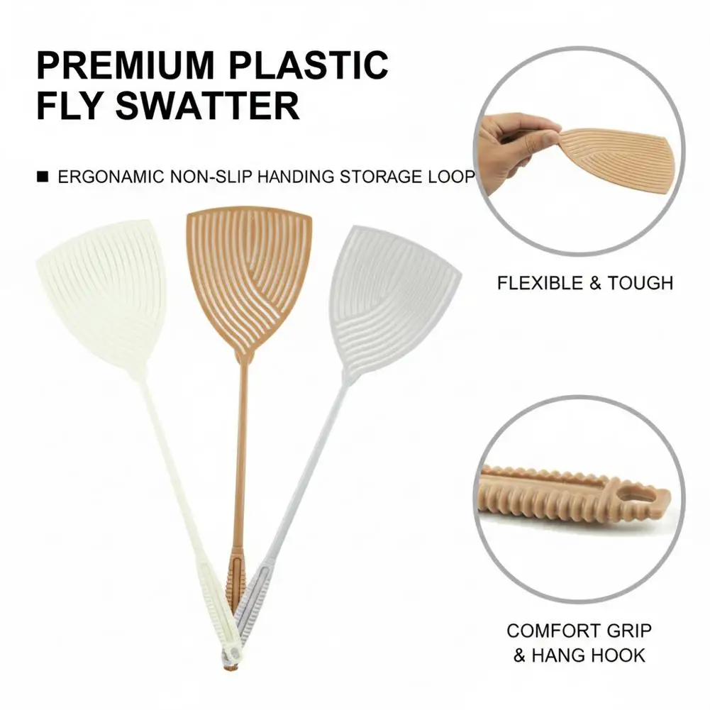 1pc Thick, simple and durable striped three-color plastic fly swatter, long handle, suitable for indoor and outdoor use