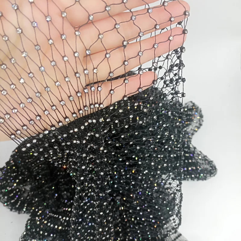 65X55cm Black Fishing Net Line Stone Crystal Rhinestone Connection Fabric 2023 Ins Hot Designer for DIY Dress Mask Decor