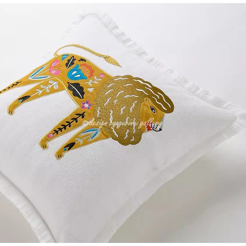 GUVINCI Charming Pillow Cover Lion King Embroidered Super Soft Touch Decorative Cushion Case For Living Room Bedroom Kids Room