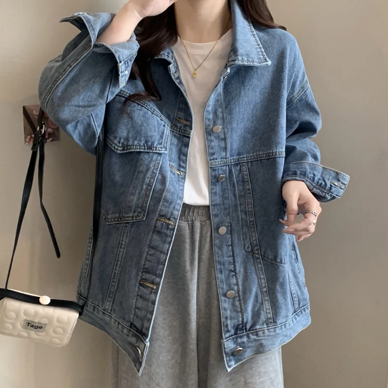 Oversized Women Denim Jackets BF Style Loose Single Breasted Lapel Casual Jean Coat Spring Autumn Outerwear Streetwear