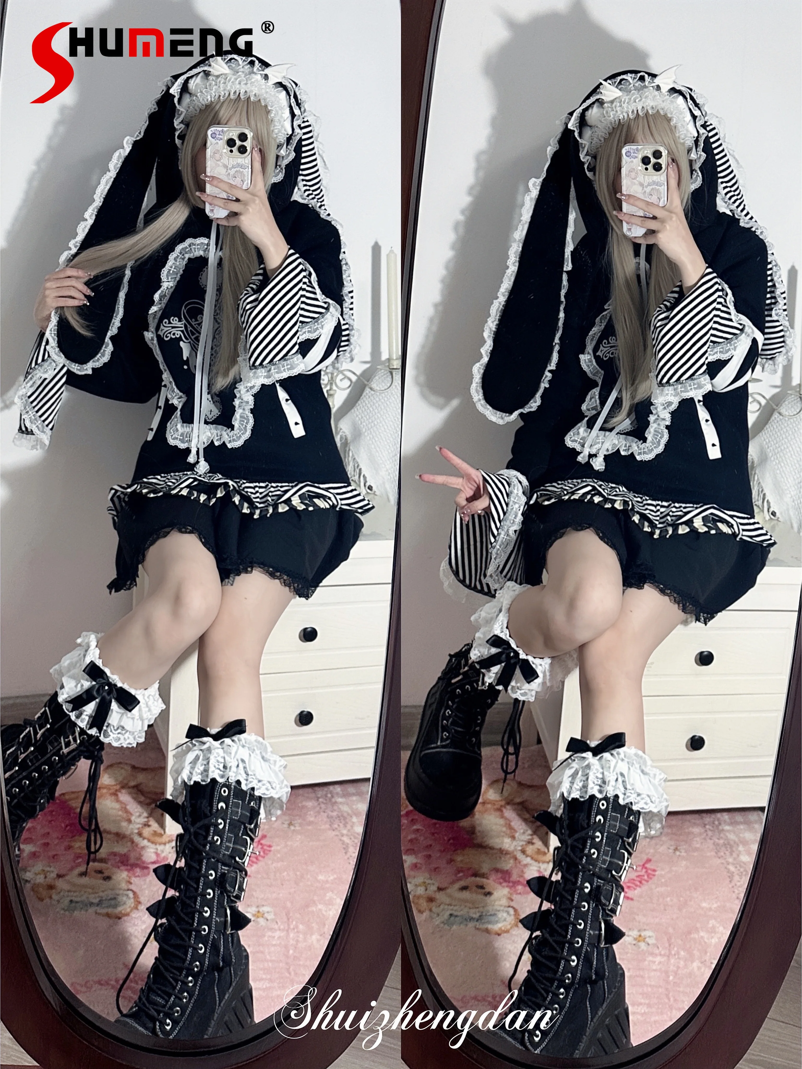 

Original Subculture Mine Series Y2k Rabbit Hooded Cardigan Jacket Spring and Autumn Women Loose Slim Lace Edge Strap Print Top