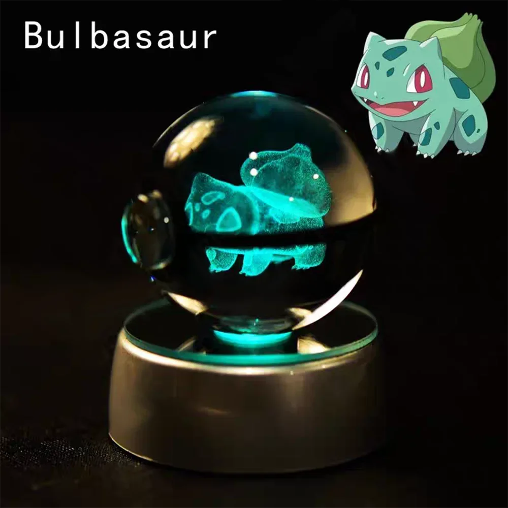 3D Pokemon Crystal Ball Pikachu Mewtwo Figure Children Toy Pokeball Crystal Pokemon Glass Ball Lamp LED Night Light Base Gift