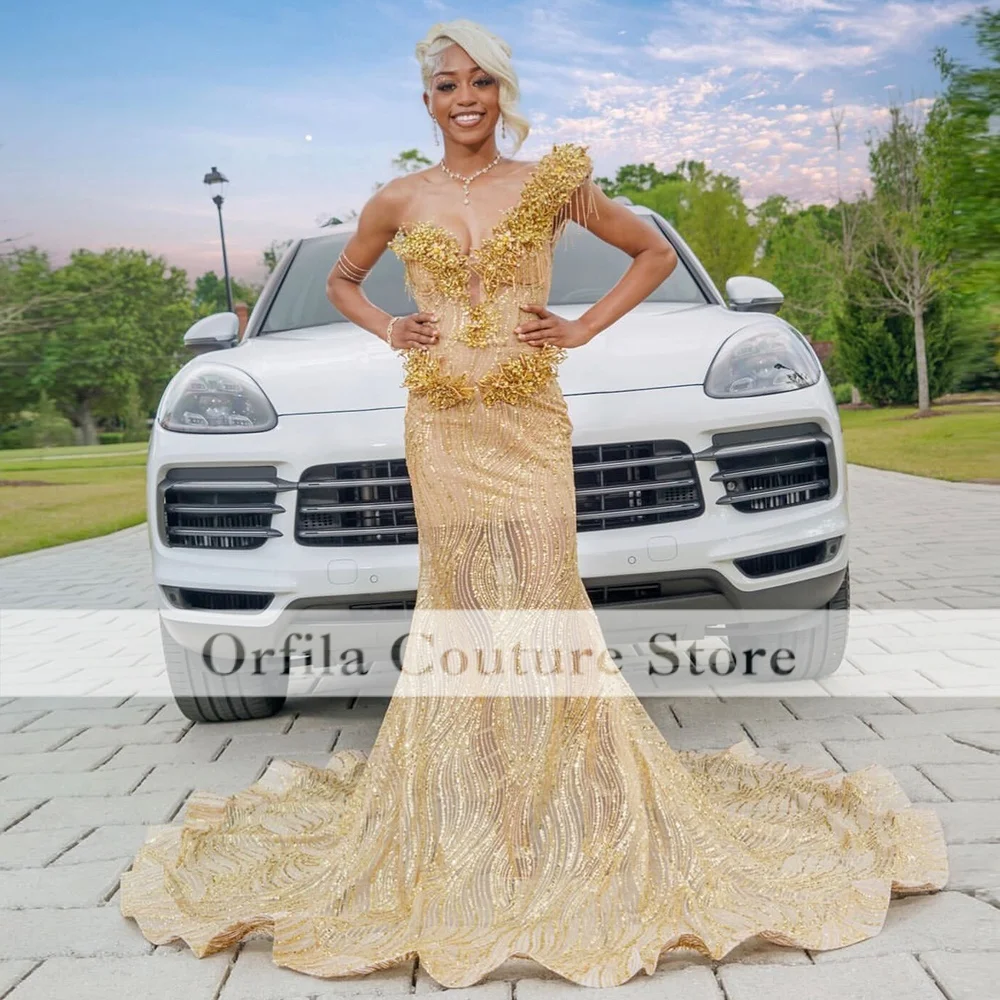 Gold Prom Dresses Black Girls 2026 One Shouder Mermaid Luxury Sequins Beading Evening Gowns Gala Gown Customized