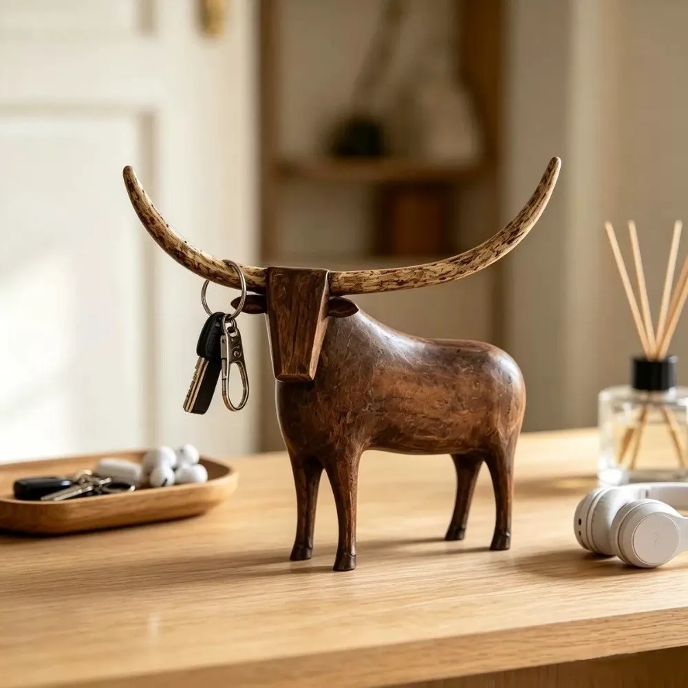 Vintage Style Longhorn Bull Sculpture Western Style Rugged Sheep Cow Figurine Handcrafted Rustic Longhorn Bull Craft Ornament