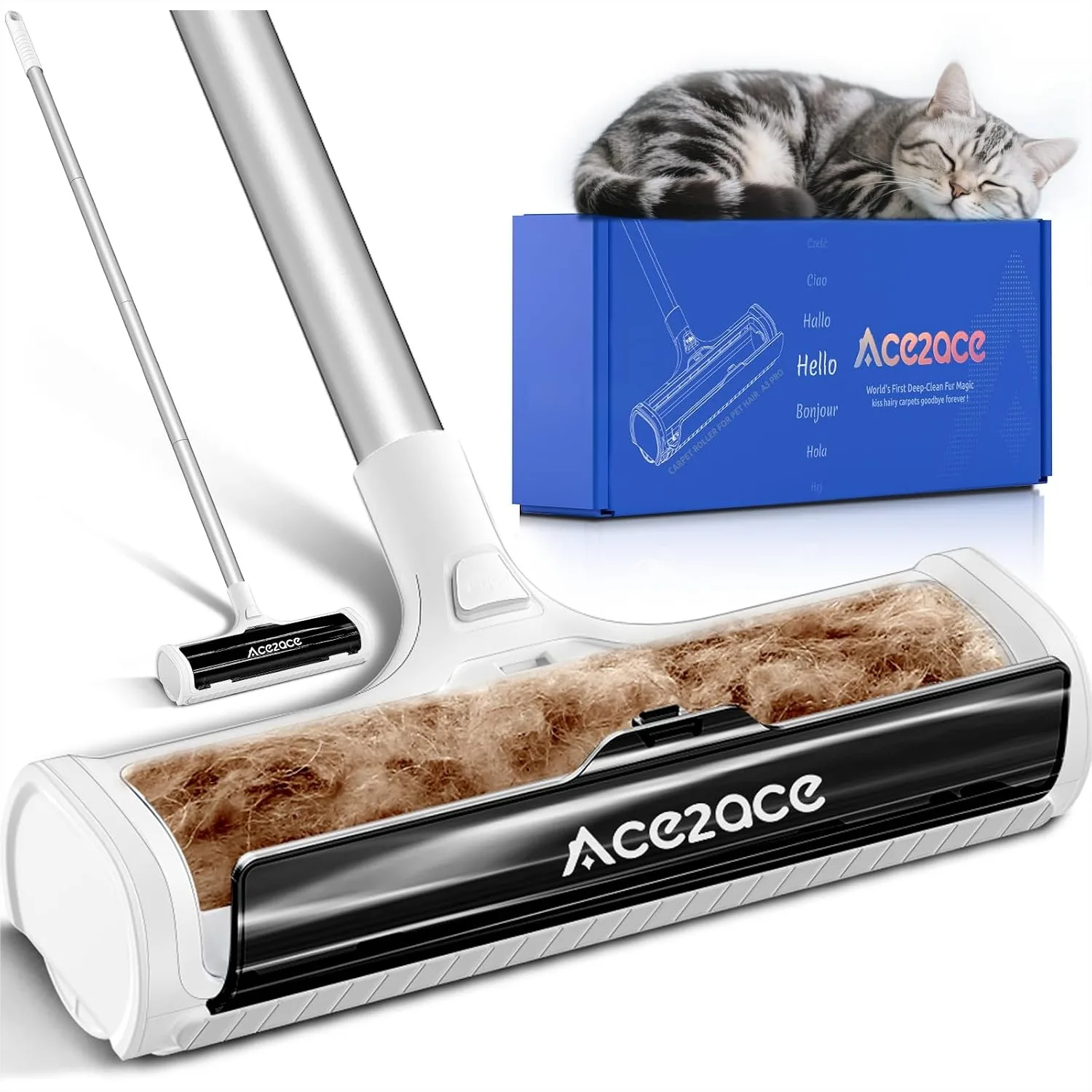 Carpet Pet Hair Remover with 5ft Long Handle, Reusable Roller for Dog Cat Hair, No Bending, for Rugs and Mats