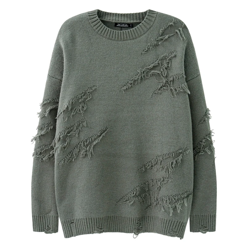 

Мужской свитер с потертостями, пуловер с потертыми деталями, уличная одежда, свободный вязаный джемпер в стиле гранж, повседневная осенне-зимняя верхняя одежда