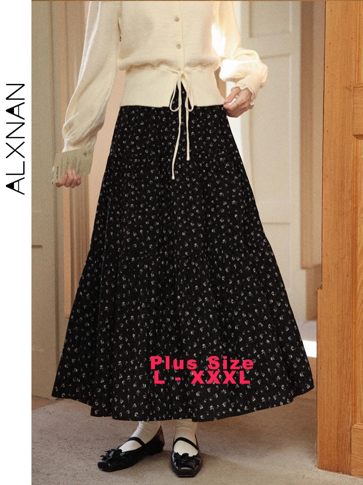 

ALXNAN Plus Size Women's Skirt 2025 High-waist Floral Prints A-line Big Skirt Hem Youth Girl Versatile Female Long Skirts D56733