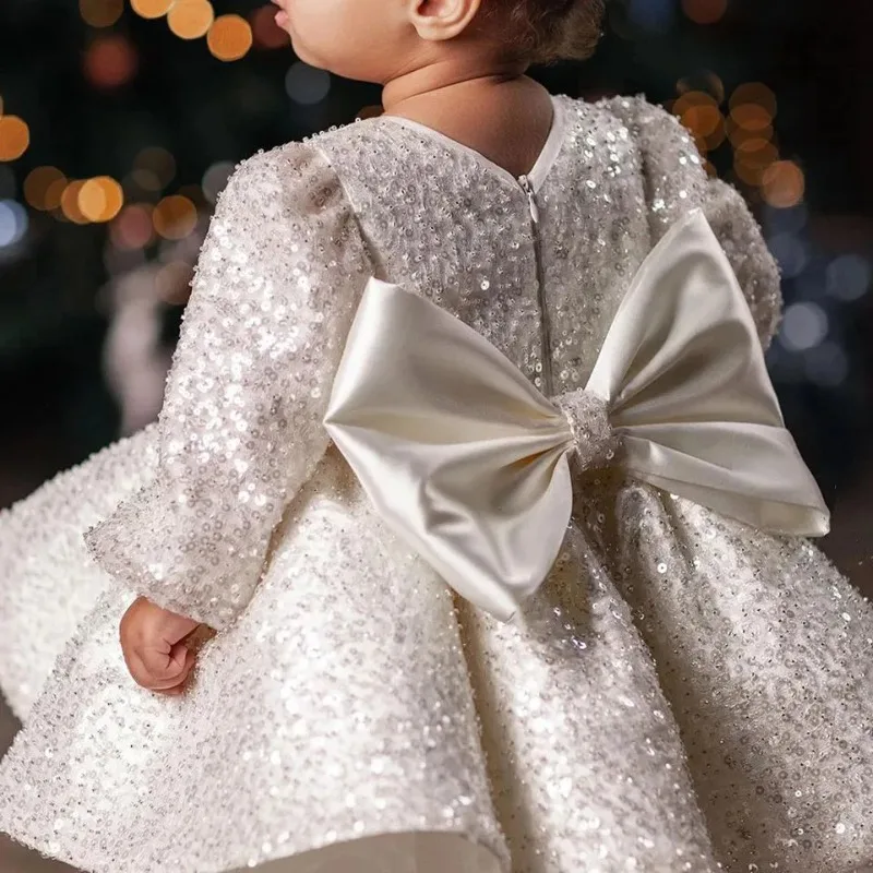 Lovely Flower Girl Dress White Glitter Sequined Long Sleeves Bow Baby Girl Princess Wedding Birthday Party First Communion Dress