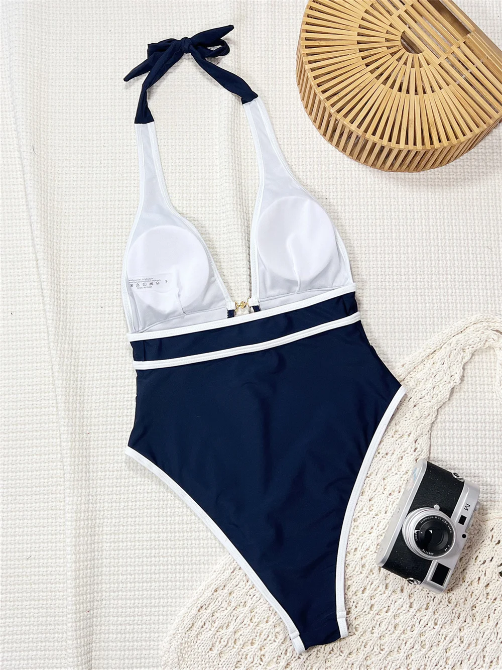 Vintage Border Blue Bikini High Leg Cut Swimsuit Deep V Buckle Bandage Backless Women Vacation Swimwear 1 Piece Beach Outfit Set