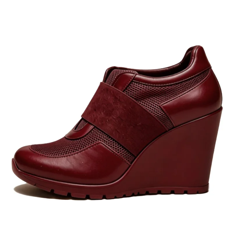 DIZHUANG Fashionable women's casual shoes. Red mesh shoes. Round toe sloping shoes. Double zip boots. About 11cm heel height.