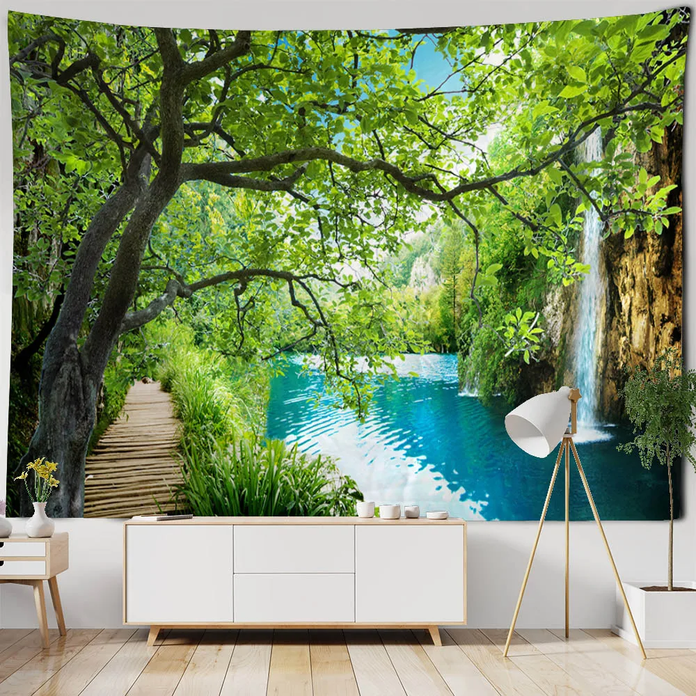 Natural landscape tapestry forest waterfall wall hanging home wall decoration living room bedroom tapestry bed sheets tablecloth