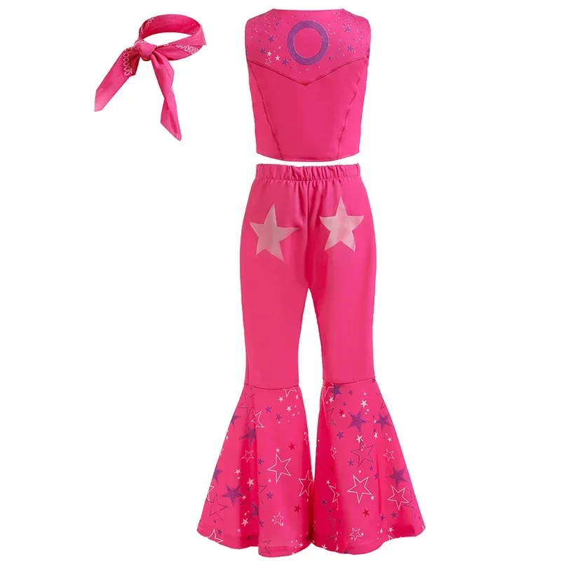 Fashion Cowboy Look Kids Hot Movie Role Play Clothing Barbi Halloween Cowgirl Cosplay Fuchsia Vest and Flared Pants Child Outfit