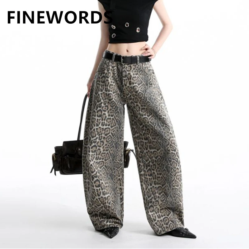 

FINEWORDS Women's Leopard Print Baggy Jeans High Waisted Wide Leg Denim Pants Y2K Streetwear Full Length Trouser