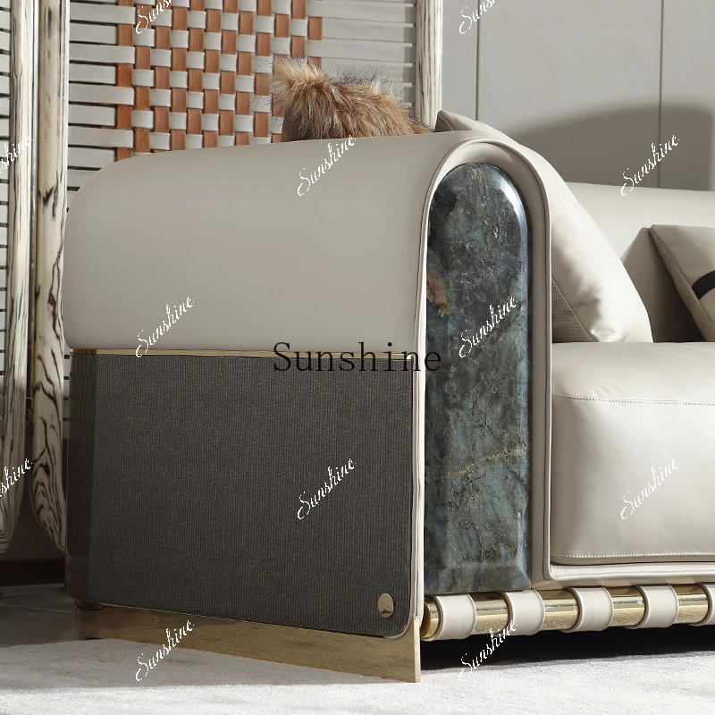 Italian light luxury leather high-end large flat-layer natural luxury stone three-person sofa L12  FT