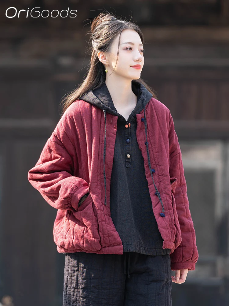 OriGoods Padded Jacket Women Ramie Cotton Loose Warm Winter Coat Chinese Traditional Style Clothes Padded Coats Woman 2024 C001