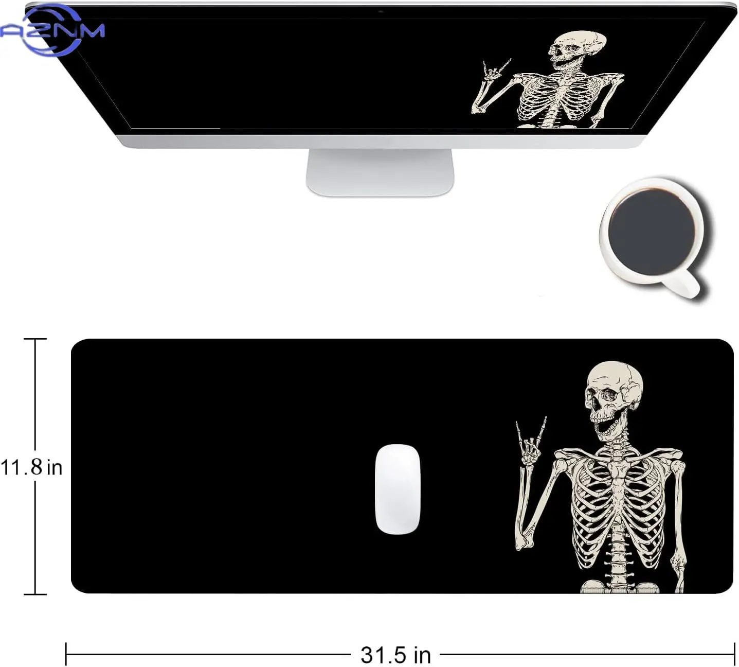 Rock Hand Skeleton Gaming Mouse Pad, Black Background Bone Print Smooth Edge Non Slip Mat for Gamers Office Home Wireless Mouse