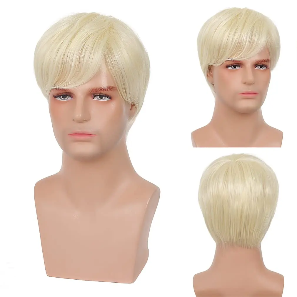 Peluca rubia corta para hombre, peluca de repuesto de pelo sintético Rubio Natural para hombres, peluca rubia corta para Cosplay, fiesta de disfraces de Halloween