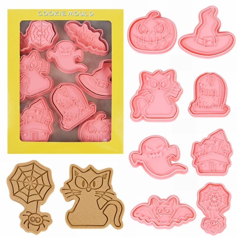 

8pcs Halloween Cookie Cutters Plastic 3D Cartoon Pressable Biscuit Mold Stamp Fondant Sugarcraft Baking Cake Decorating Tools 8z