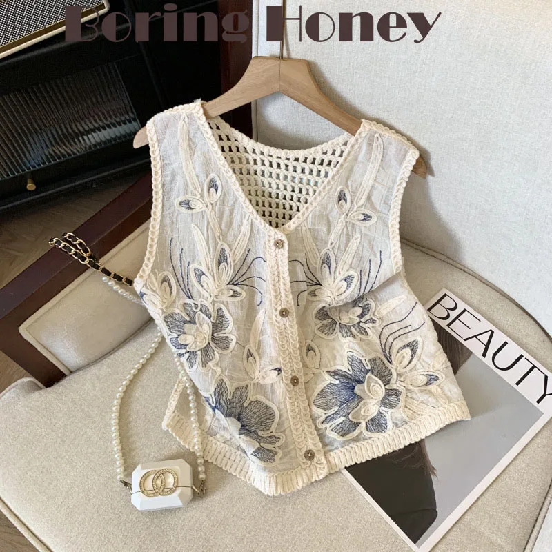 

Boring Honey Jacquard Vest Hollow Back Vest Retro Embroidery Flower Design Early Spring Sleeveless Top V-Neck Slim Top Women