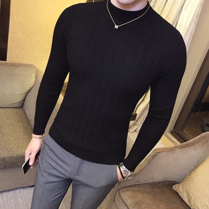 Pullover 2022 Sweater Solid Bergaris Kasual Korea Sweater Pria Setengah Kerah Tinggi Sweater Ketat Ketat Atasan Rajut Slim Fit