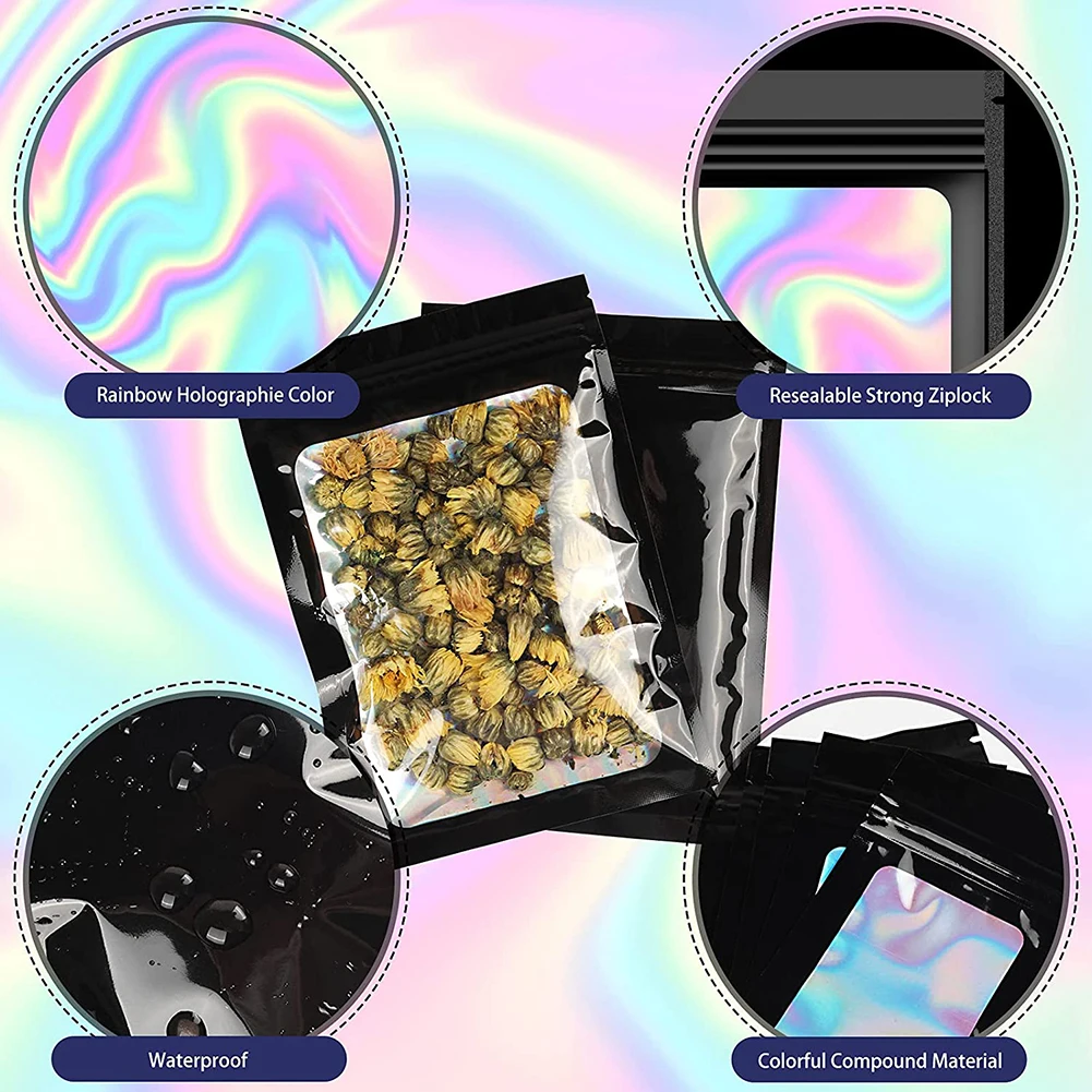100pcs Holographic Rainbow Film Sealed Bag Earrings Ring Jewelry Cosmetic Storage Bag Self-seal Candy Biscuit Zip Lock Bag