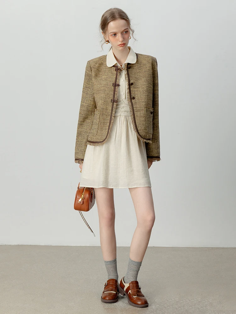 Eggka 2024 outono novo solto commuter personali longo sve redondo ne retalhos agasalhos de couro pequena fragrância sl...