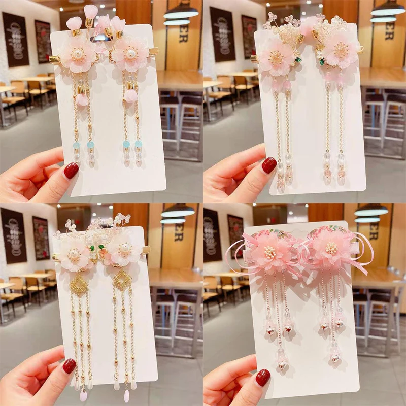 2 unids/set niños estilo chino Rosa Azul flor perlas borla larga horquilla Clips tocados Hanfu vestido joyería decorativa para el cabello