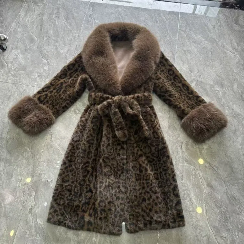 Big Fur Collar Waist Thin Plus Fur Integrated Extended Coat Temperament New Popular Luxury Leopard Print Fur Imitation Mink Fox