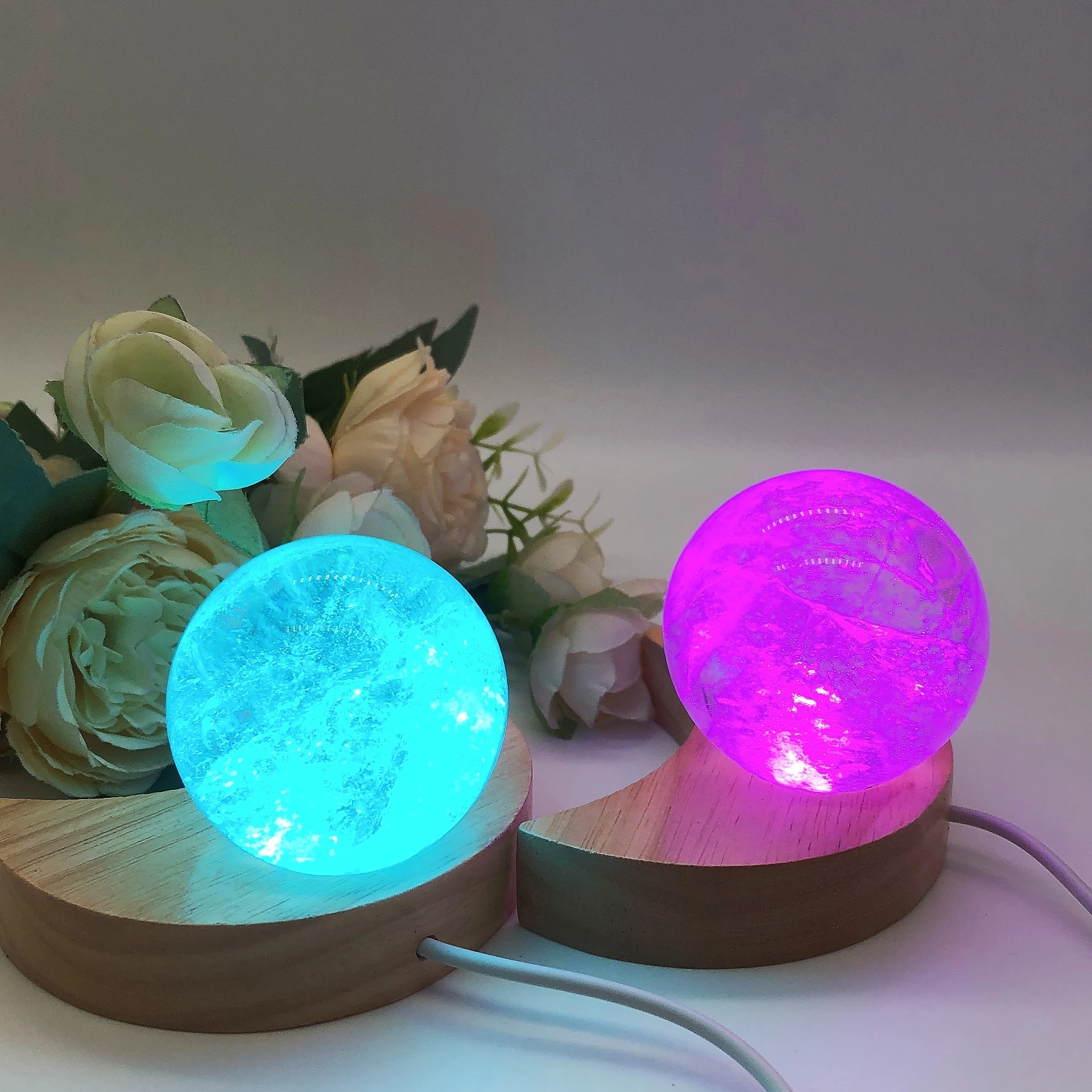 Moon Shape Wooden LED Light Display Base Crystal Sphere Stand Ball Holder Night Lamp Rotating Stand Home Decor Christmas view 5