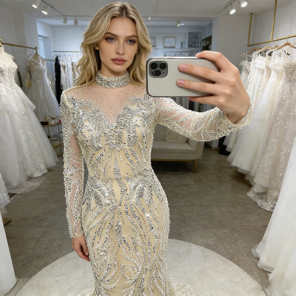 Elegant Muslim Bead Evening Dress for Women 2026 Luxury High Neck Long Sleeves Mermaid Formal Prom Wedding Party Gown Customized image 4