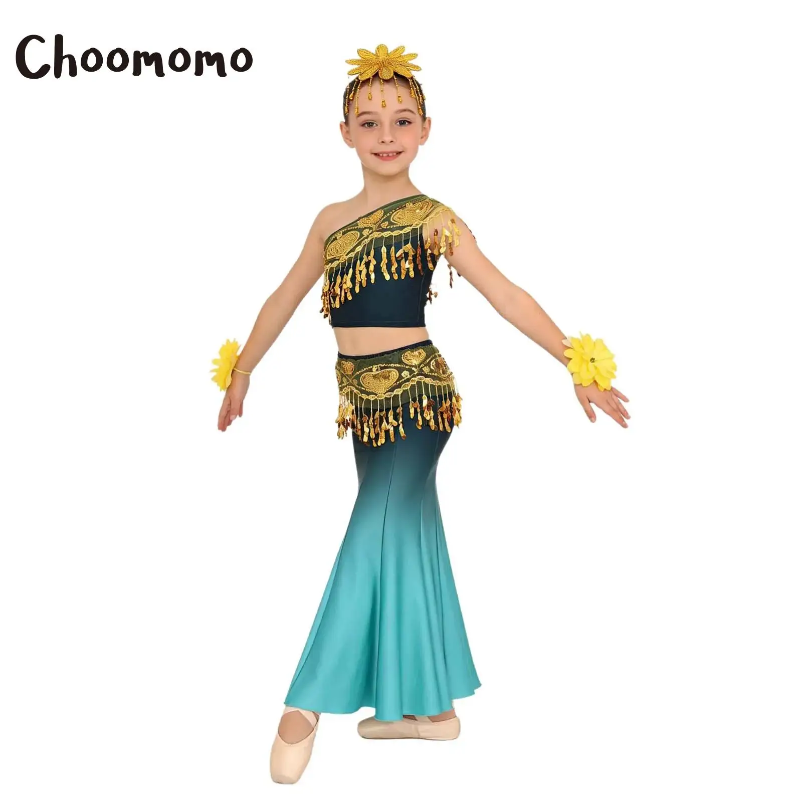 

Girls Peacock Dance Costumes Belly Dance Set One Shoulder Sequins Tassels Crop Top with Fish Tail Skirt Ethnic Dance Performance