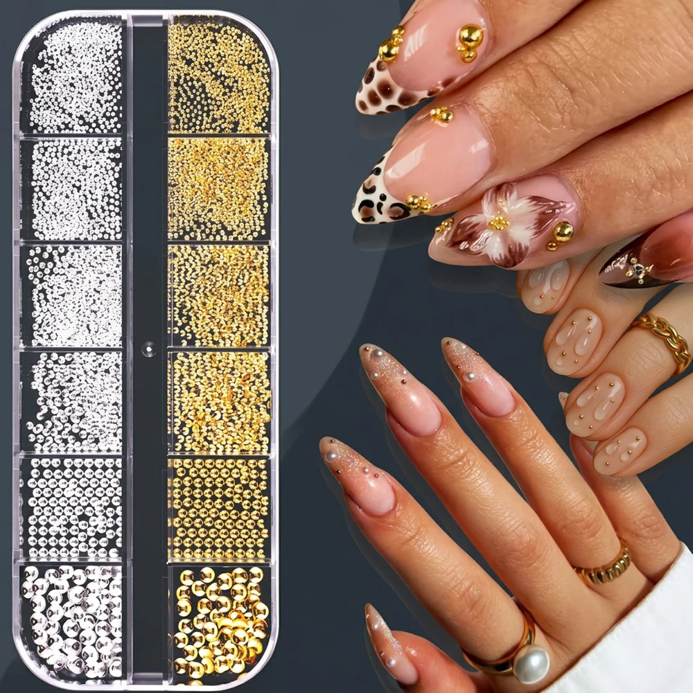 12Grids 3D Gold Silver Mini Caviar Beads Nail Charms Y2k Mixed Metal Micro Balls & Half Round Pearls Nail Jewelry DIY Nail Decor