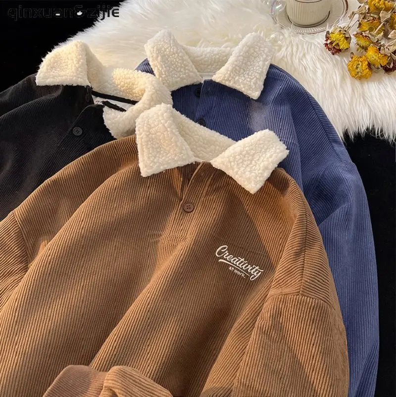 

Vintage Corduroy Hoodies Winter Thick Warm Embroidery Hairy Pullover Coats Casual Button Preppy Style Japan BF Student Clothes