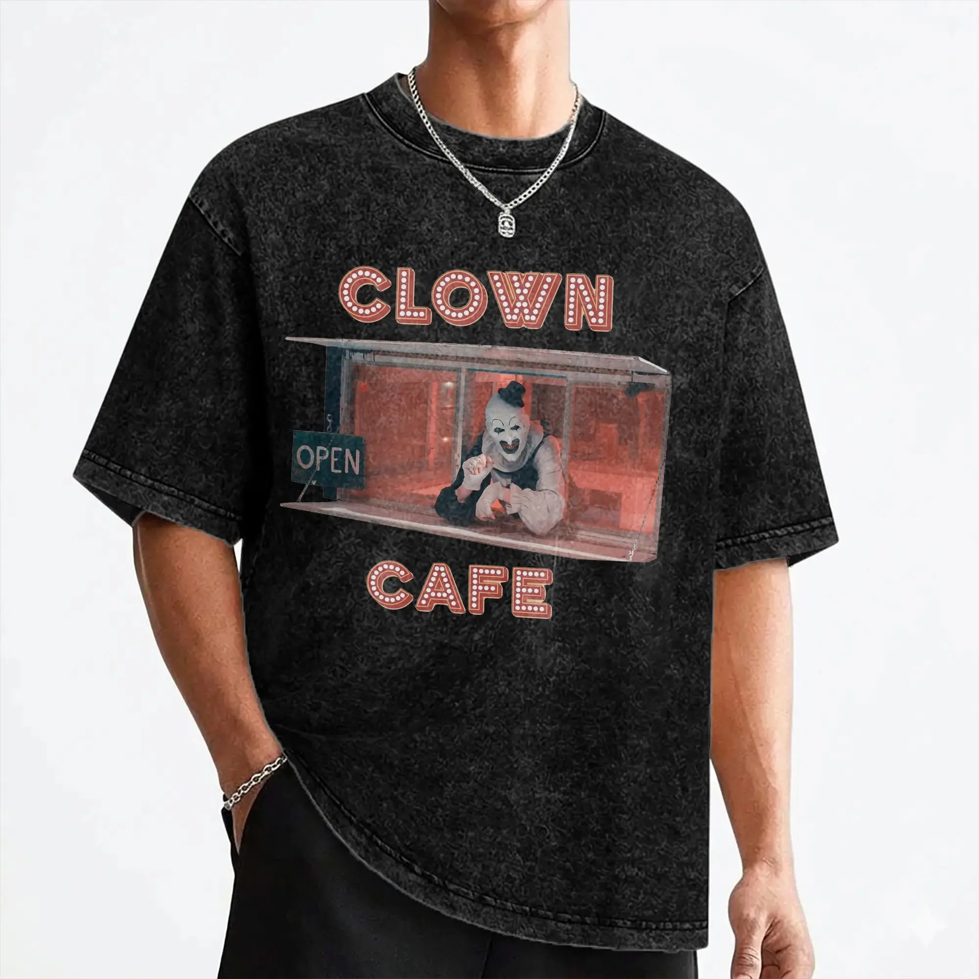 Terrifier Clown Cafe T Shirts Washed Cotton Oversize T-Shirt Horror Art Halloween Film for Men Women Streetwear Summer Tees