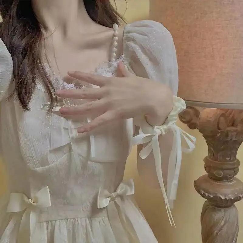 

Платье с пышными рукавами и бантом во французском стиле, летнее платье больших размеров, платье феи с жемчугом и жемчугом