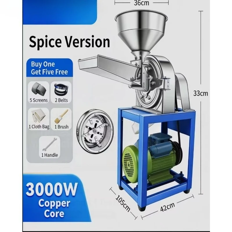 Double Mesh 3kW Copper Core C28 Stainless Steel Grinder Grain Flour Machine Feed Mill for Aquaculture