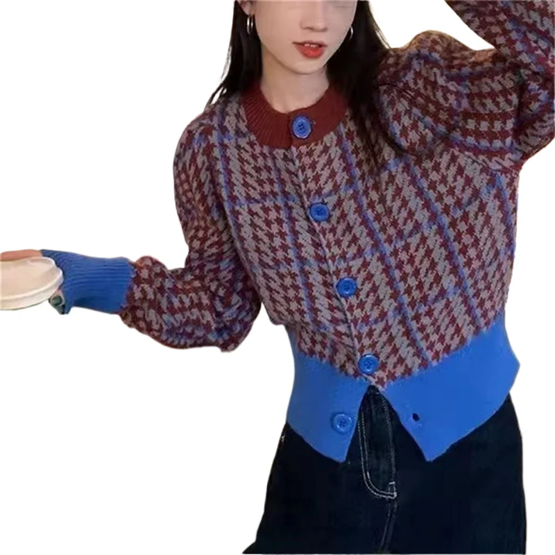 

Houndstooth Plaid Vintage O-neck Knitted Sweater Women's Long Sleeve Cardigans Top Korean Fashion Short Loose Outwear