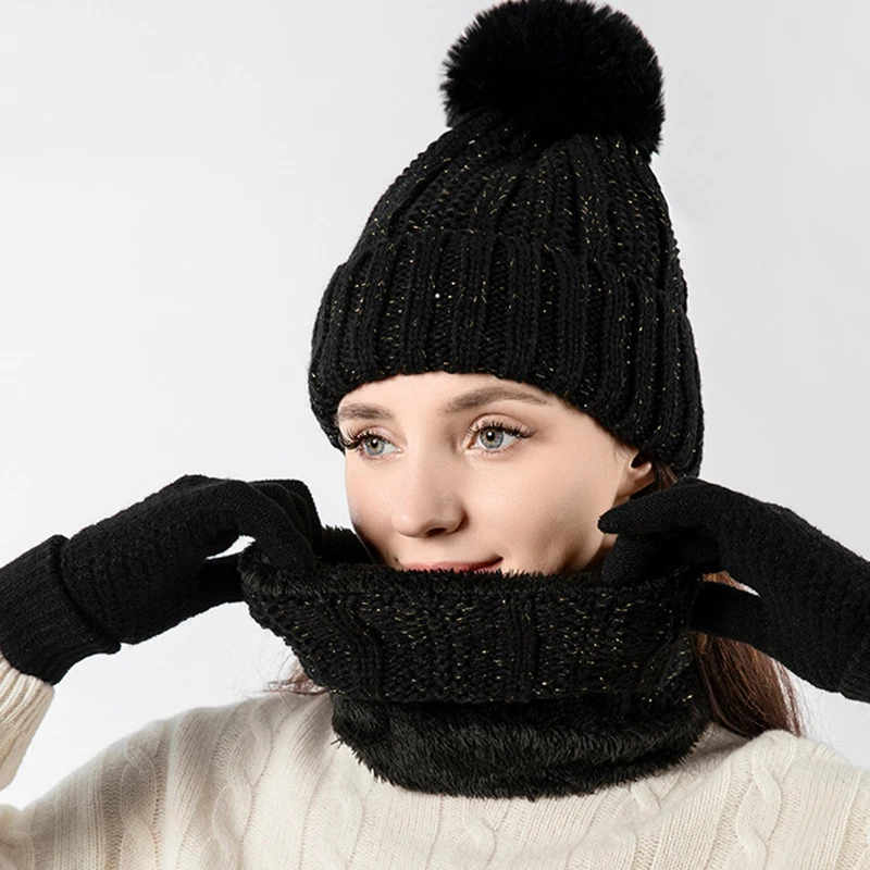 3 pçs conjunto chapéu de inverno chapéu de malha grande bola de cabelo quente pilha intensificação meninos e meninas inverno chapéu de malha cachecol e luvas