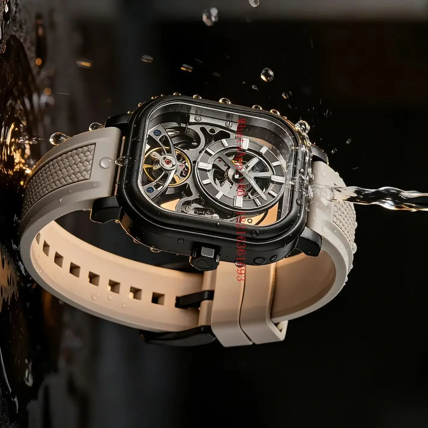 Good2026 Square Hollow Automatic Mechanical Watch Transparent Bottom Niche Fashion Personalized Men's Watch