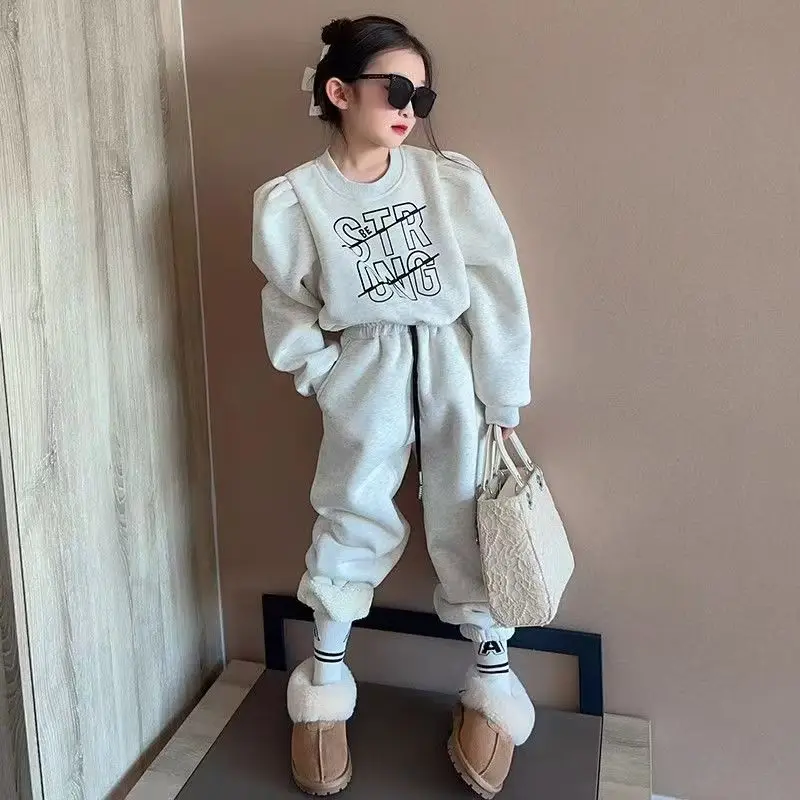 

Kids' Fleece-Lined Thickened Warm Sweatshirt Suit Women's Casual Style Two-Piece Set Winter 2024 New Arrival Stylish Kids Clothi