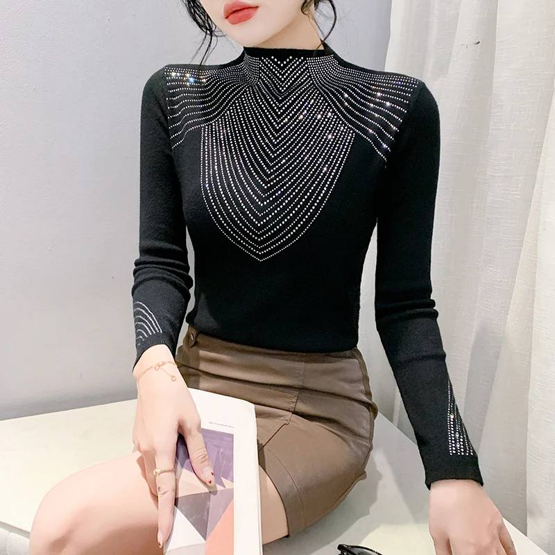 Black,Korean,Style,Fall,Winter,Knitted,Sweater,Fashion,Sexy,Patchwork,Shiny,Diamonds,Women,Long Sleeves,Elastic,Tops,4101403