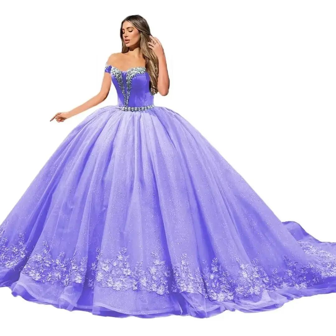 فستان تل لامع كوينسينيرا مخصص حلو 16 ثوب كرة عاري الكتفين Vestidos De 15 Quinceañera Vestidos De Baile