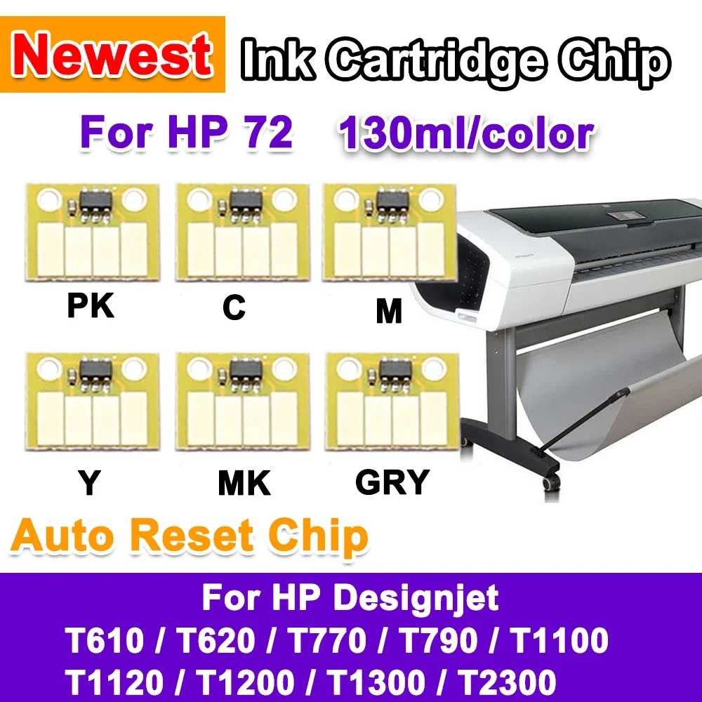6Color 130ml Ink Cartridge Auto reset chip For HP72  for HP Designjet T610 T620 T770 T790 T1100 T1120 T1200 T1300 T2300 ARC Chip