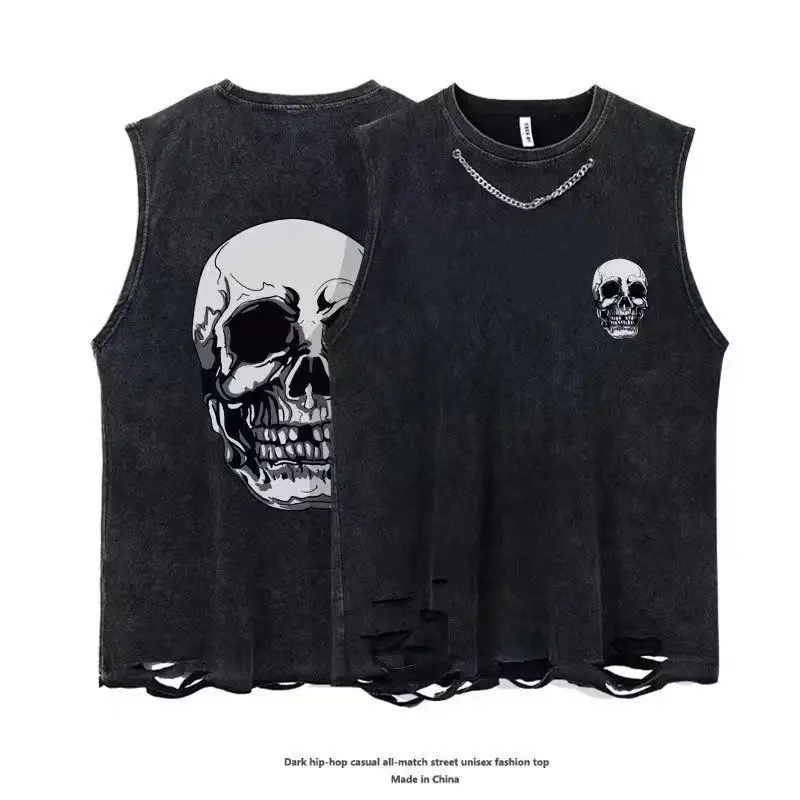 Y2K Men Clothing USA Style Street Skull Print Cotton Vest Sleeveless T-shirt Summer Man Casual Sports Fitness Tank Top Techwear