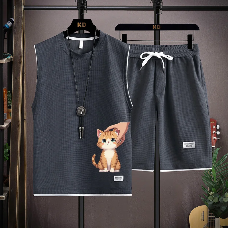 

Новый модный мужской повседневный комплект 2025 года: летний жилет и свободные спортивные шорты Haome из полиэстера, комплект из двух предметов