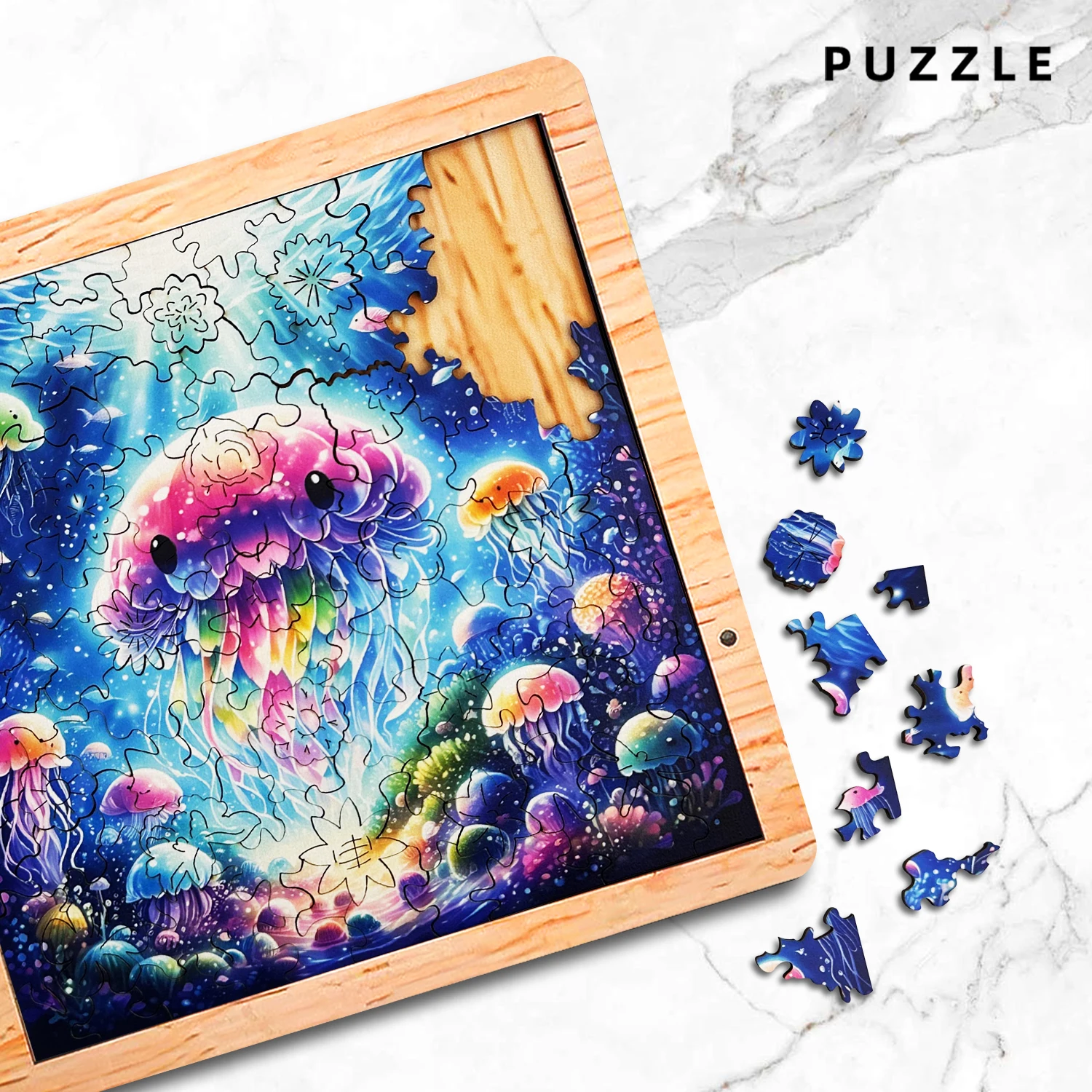 Puzzle in legno con meduse da 115 pezzi per adulti con piastra di base, puzzle in legno di forma unica, decorazioni per la casa di arte moderna